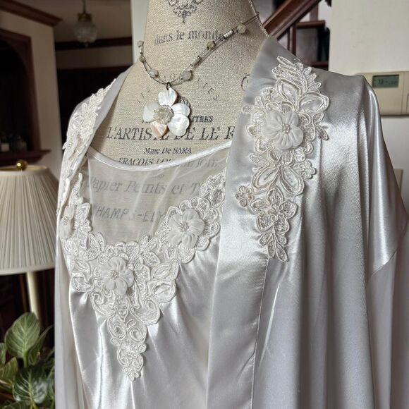 Intimo Amore Matching White Satin Set Robe Nightgown Slip Dress Vintage - Picture 3 of 8